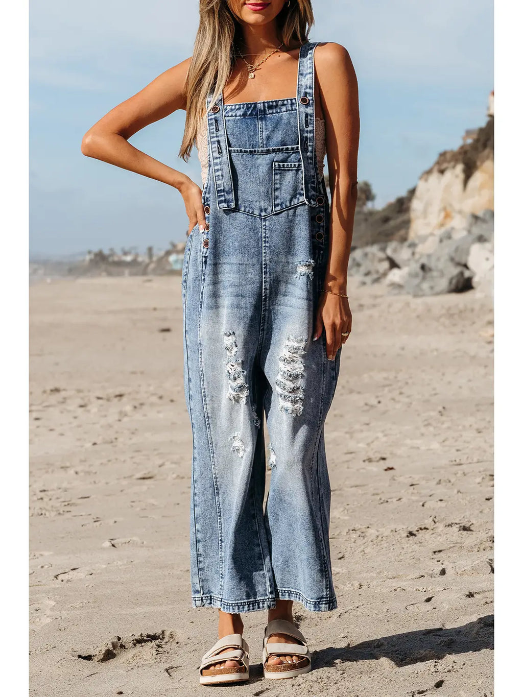 Distressed Bib Pocket Wide Leg Denim Overall