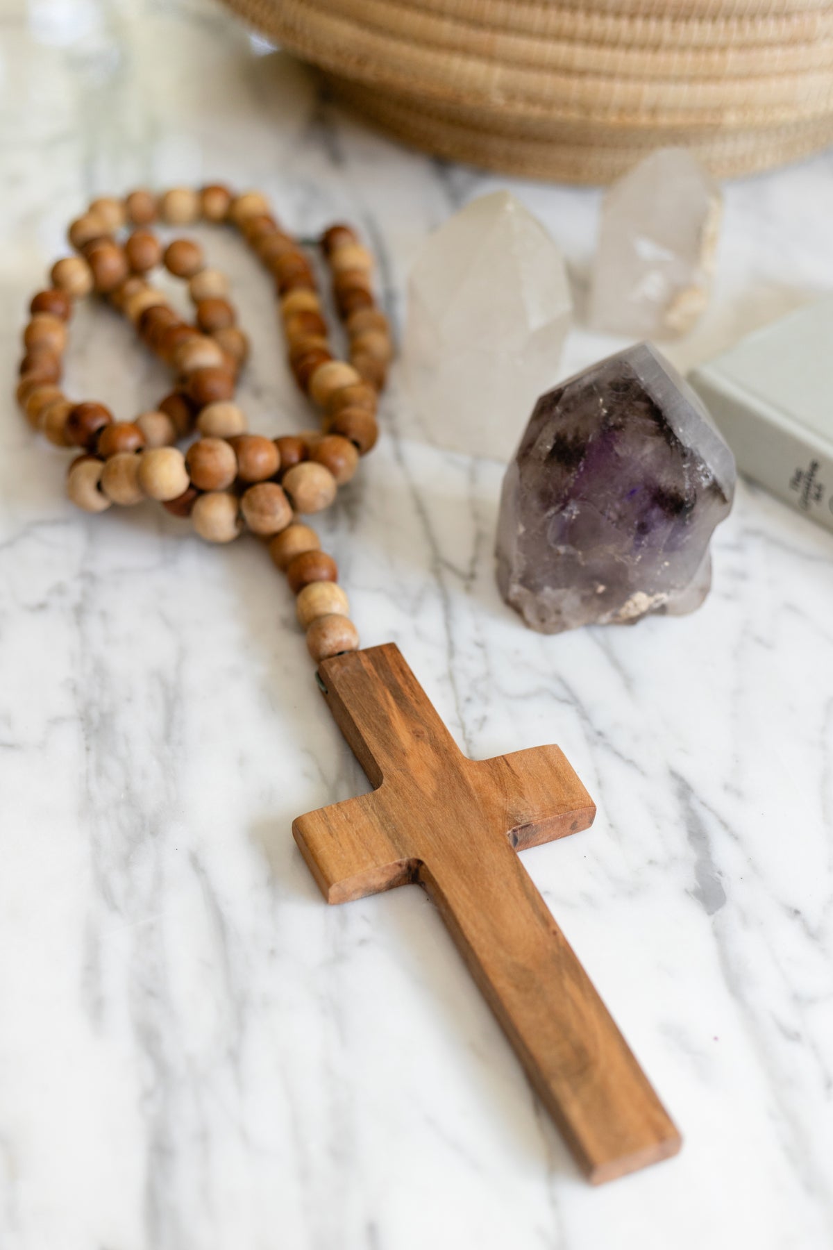 ***Cross on Natural Wood Bead Strand
