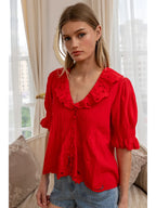 Embroidered Collar Button Blouse in Red