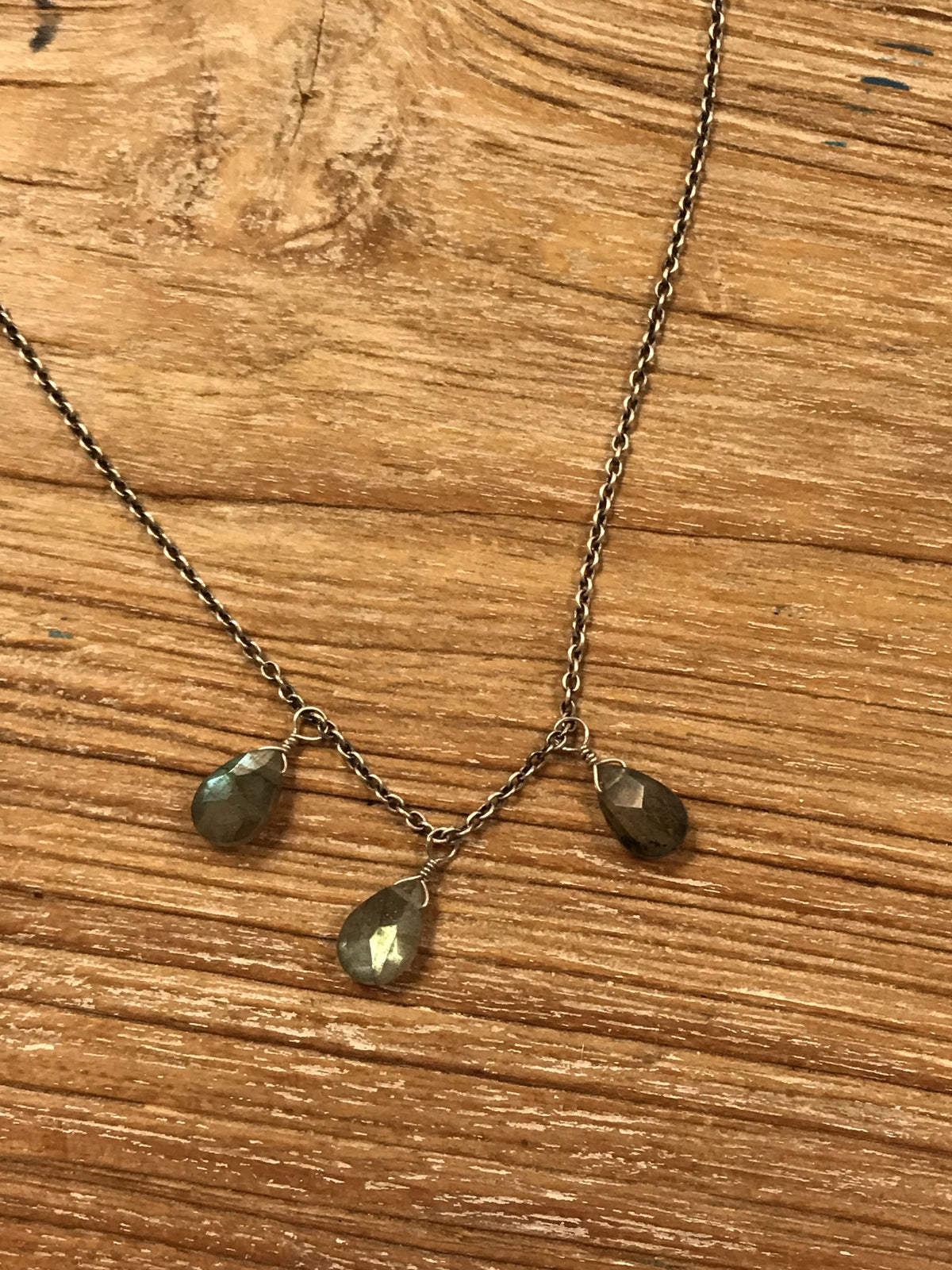 ***Three Stone Labradorite Necklace 16" + 2" Extender