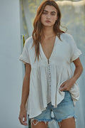 Woven Gauze Plunged V-Neck Button Top