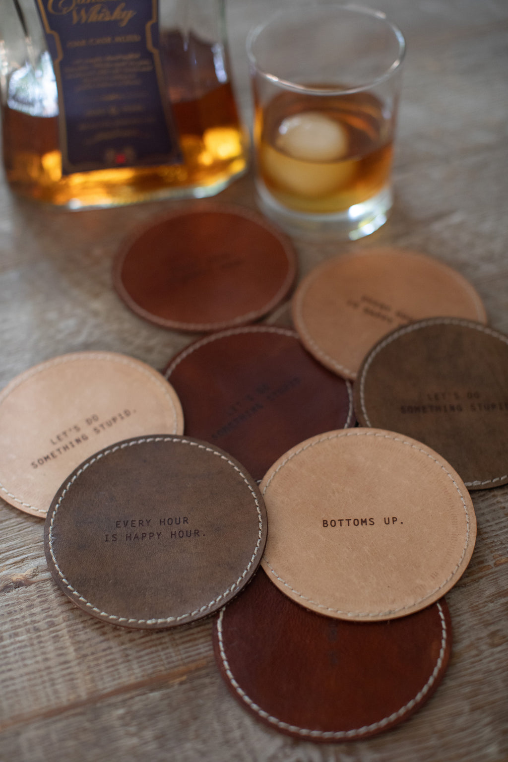 Let's Do Something Stupid Leather Coaster in Tan - Set of 4