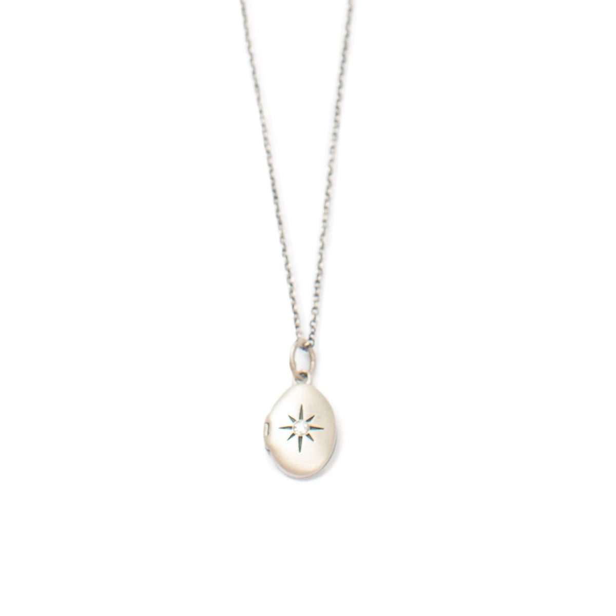 ***Small Oval Locket Silver Necklace with Stone 16" + 2" extender