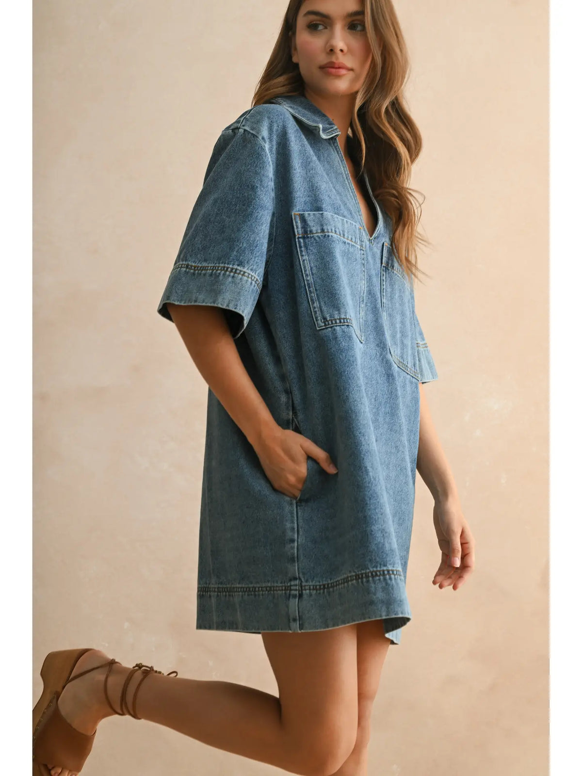 V-Neck Denim Tunic Dress