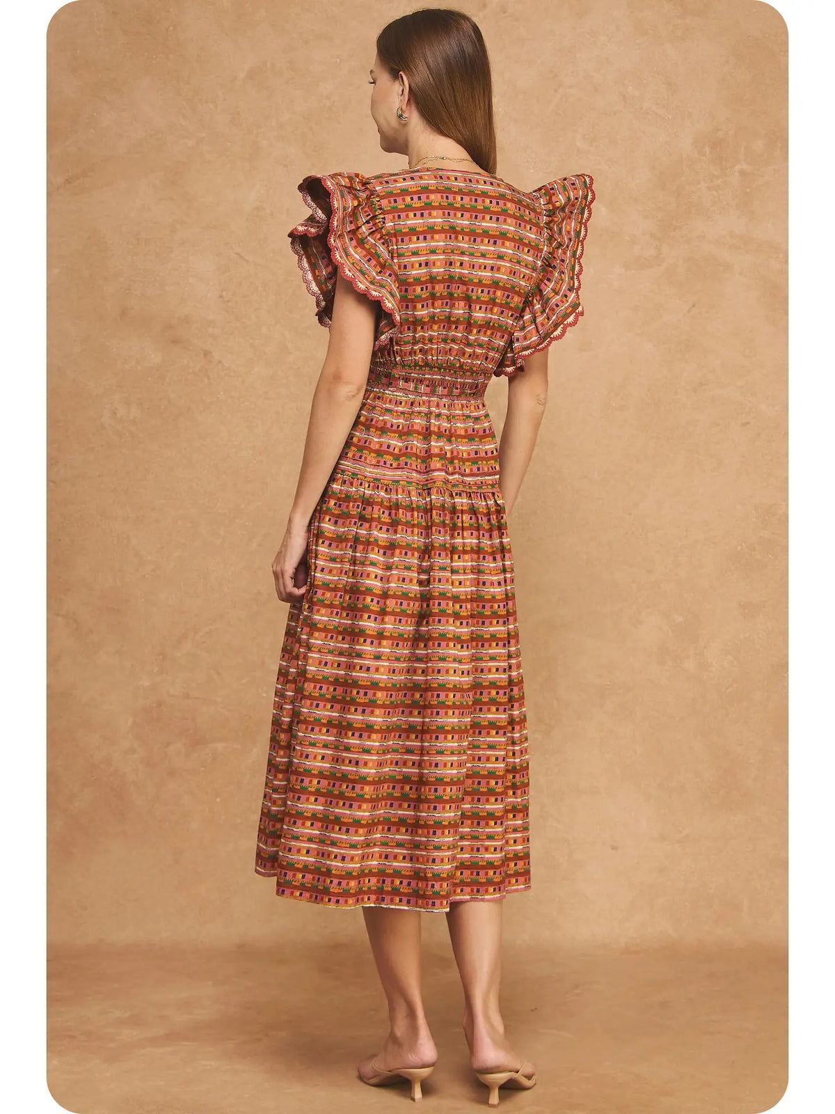 Flutter Sleeve Peplum Printed Midi Dress