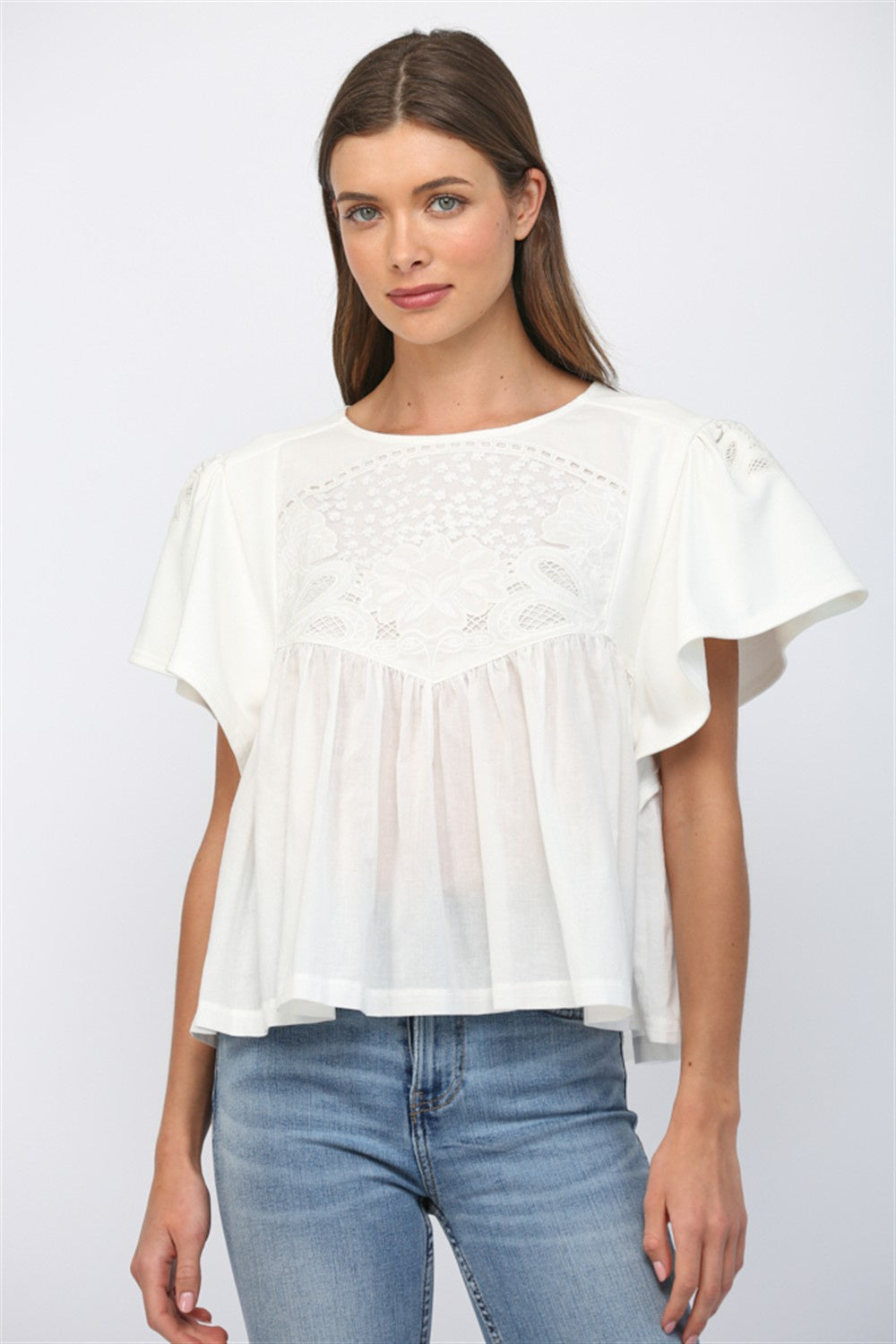Lace Trimmed Round Neck Sweatshirt Top