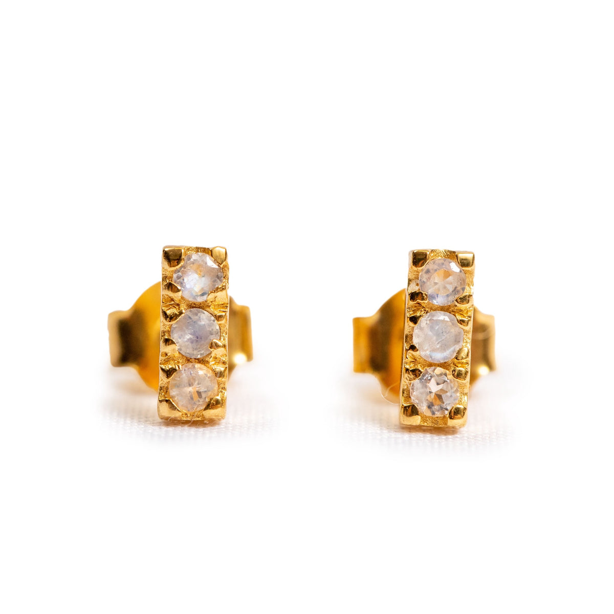 ***Gold Plated Bar Studs with 3 Rainbow Moonstones