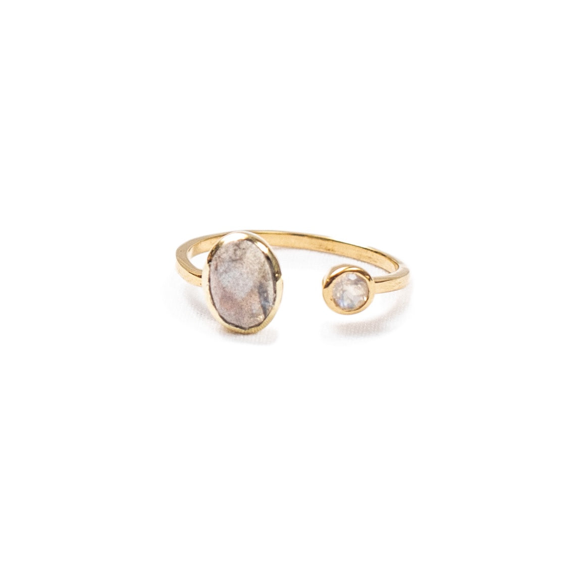 ***Gold Plated Oval Labradorite and Round Moonstone Dual Ring Adjustable