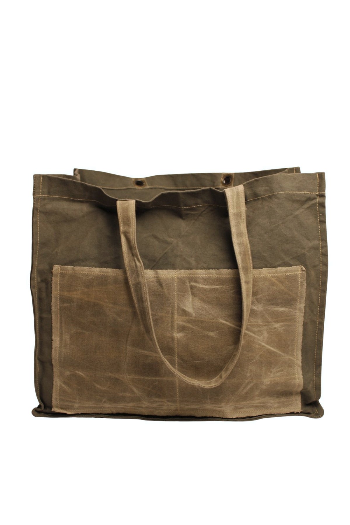 Distressed Canvas Two Tone Tote- Army Green & Mushroom