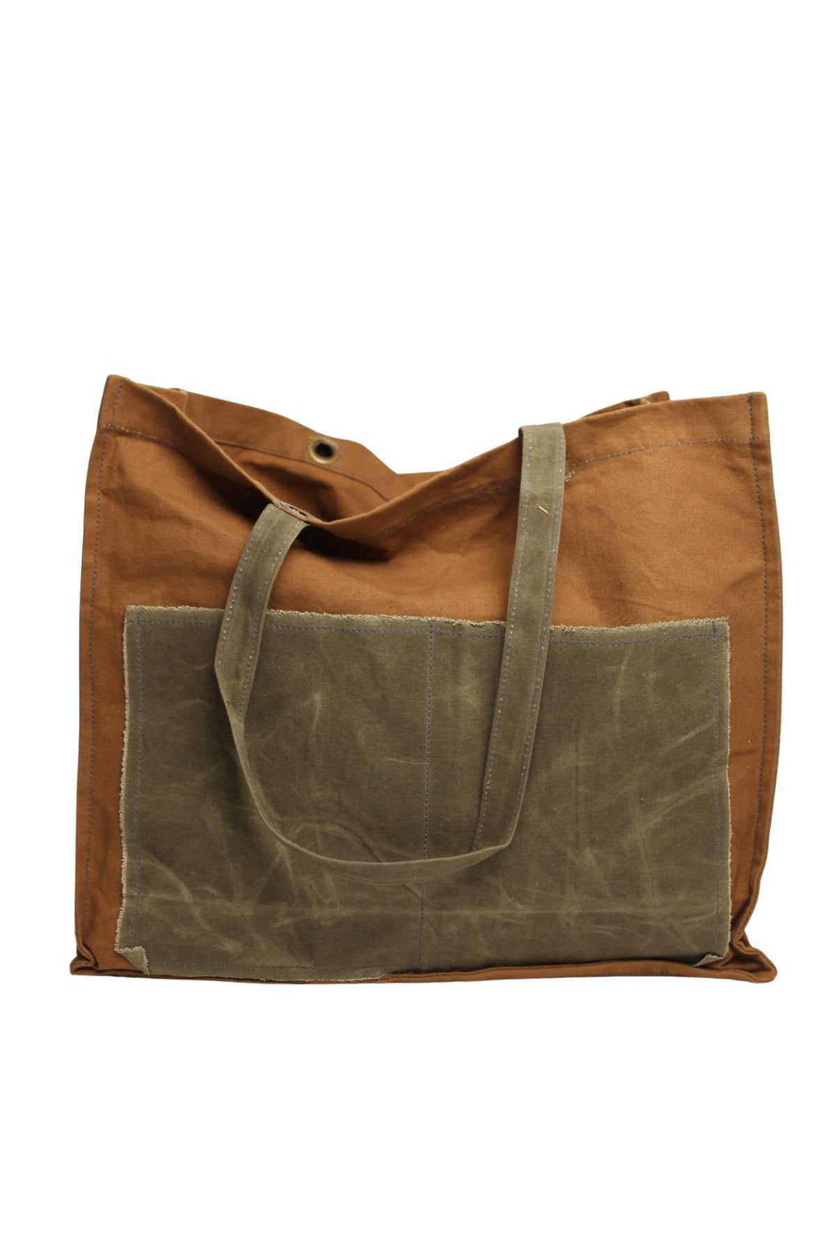 Distressed Canvas Two Tone Tote -Brown & Army Green