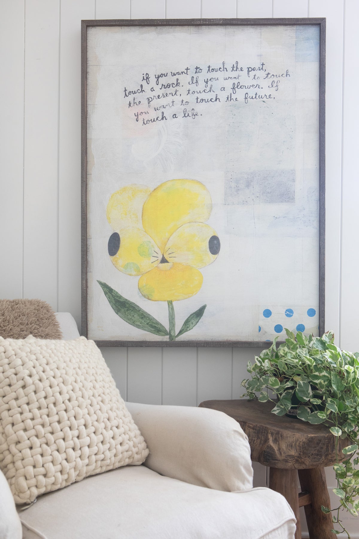 Yellow Pansy Vertical  Art Print - Grey Wood