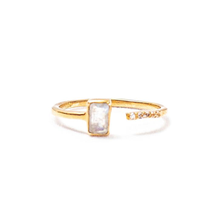 ***Gold Plated Rainbow Moonstone and White Topaz Pave Split Ring