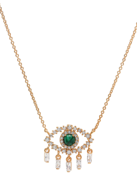 Gold Simple Chain Necklace with Clear Baguette and Malachite Eye