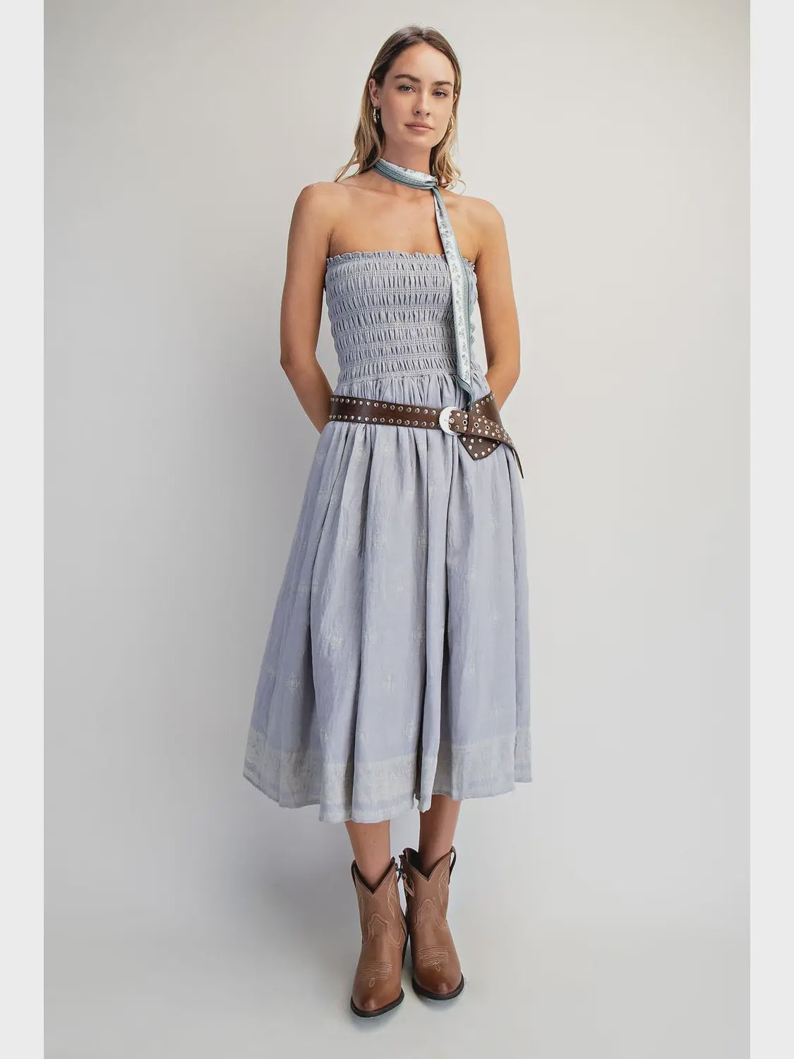 Blue Strapless Smocked Midi Dress