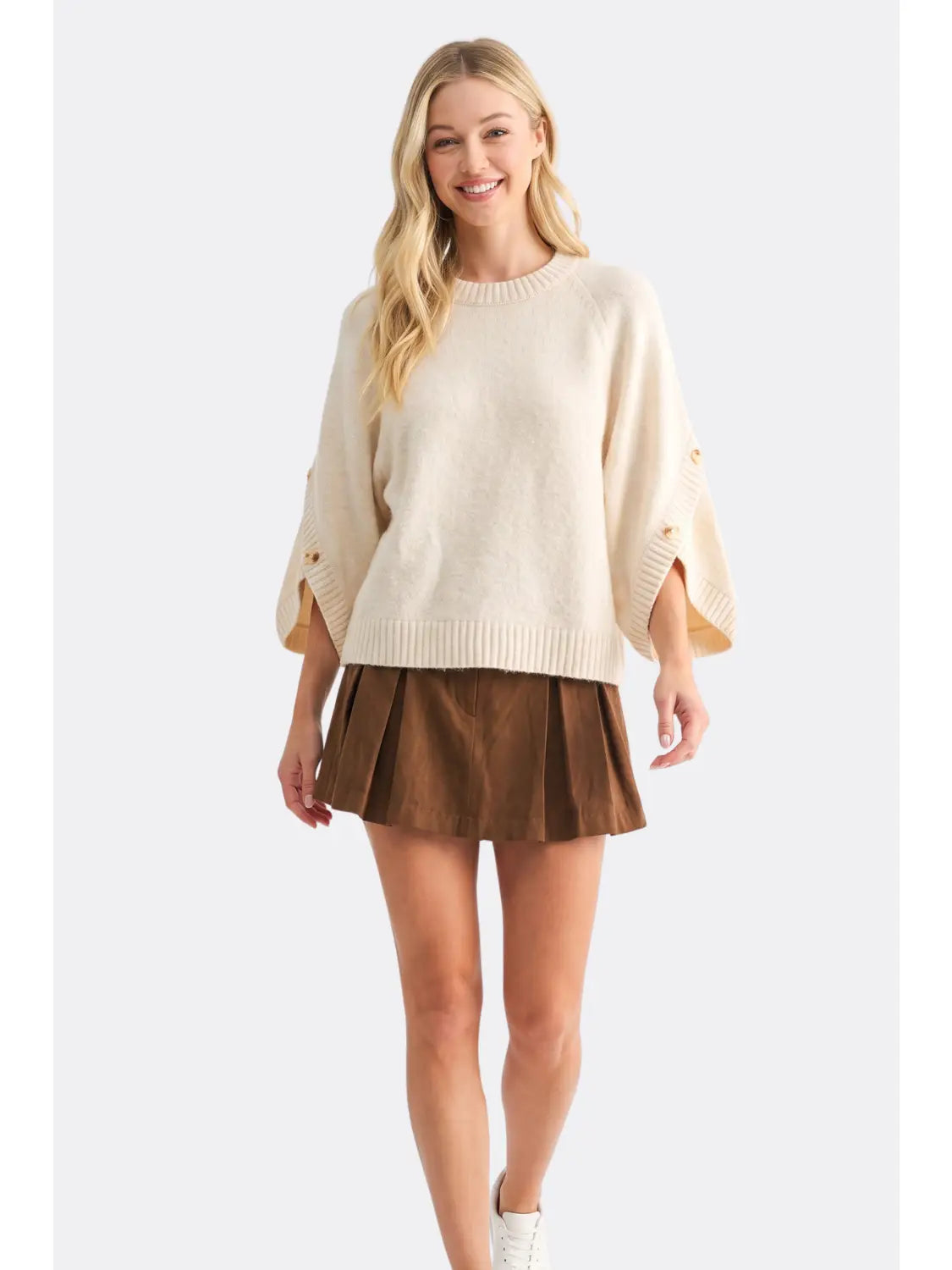 Button Sleeve Knit Pullover - Cream