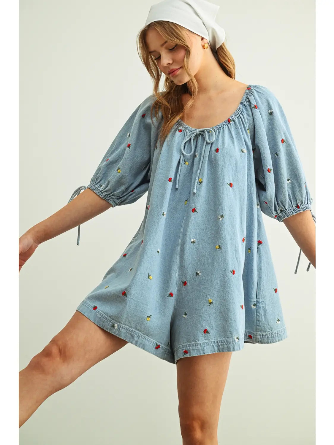 Embroidered Denim Romper with 3/4 Sleeve