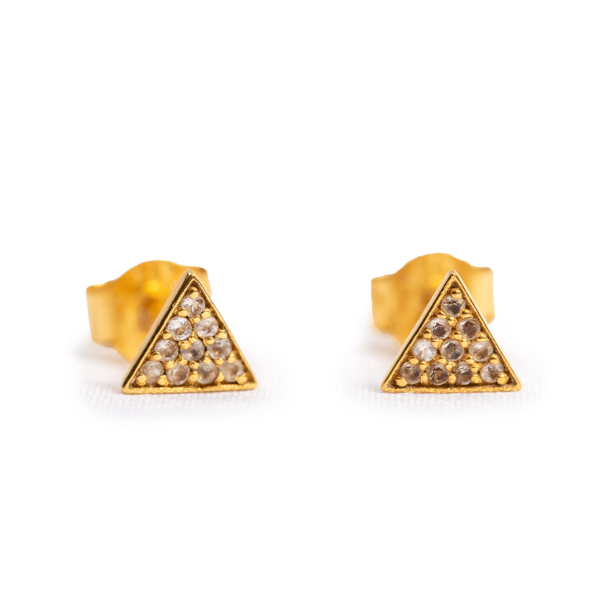 ***Gold Plated Triangle Studs Filled with White Topaz