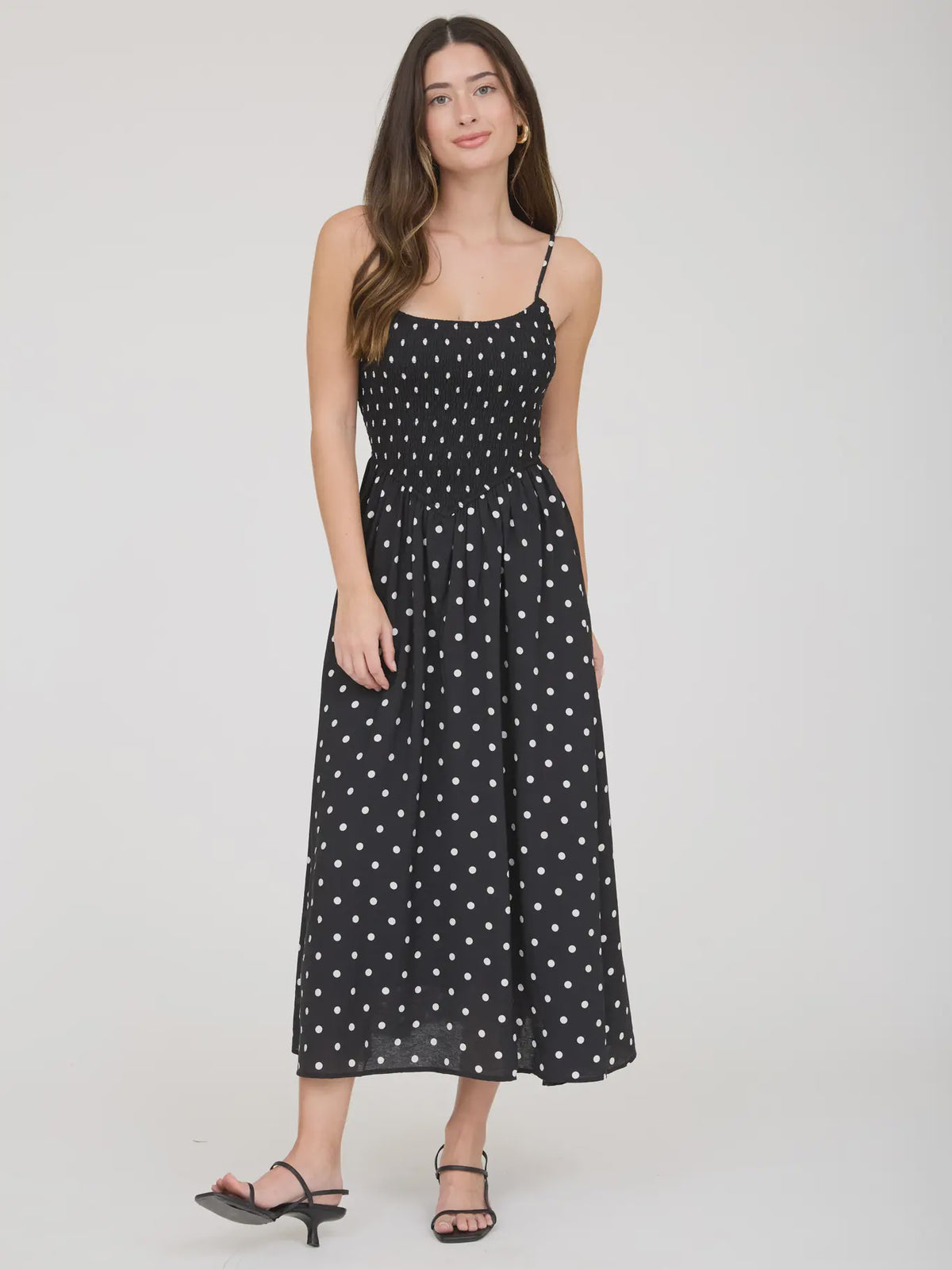 Polka Dot Smocked Basque Waist Midi Dress - Black