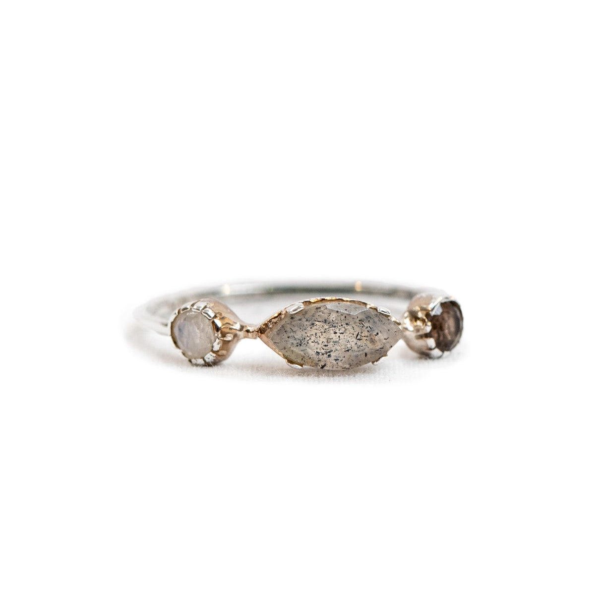 Rainbow Moonstone, Labradorite & Smoky Quartz Silver Ring - Size