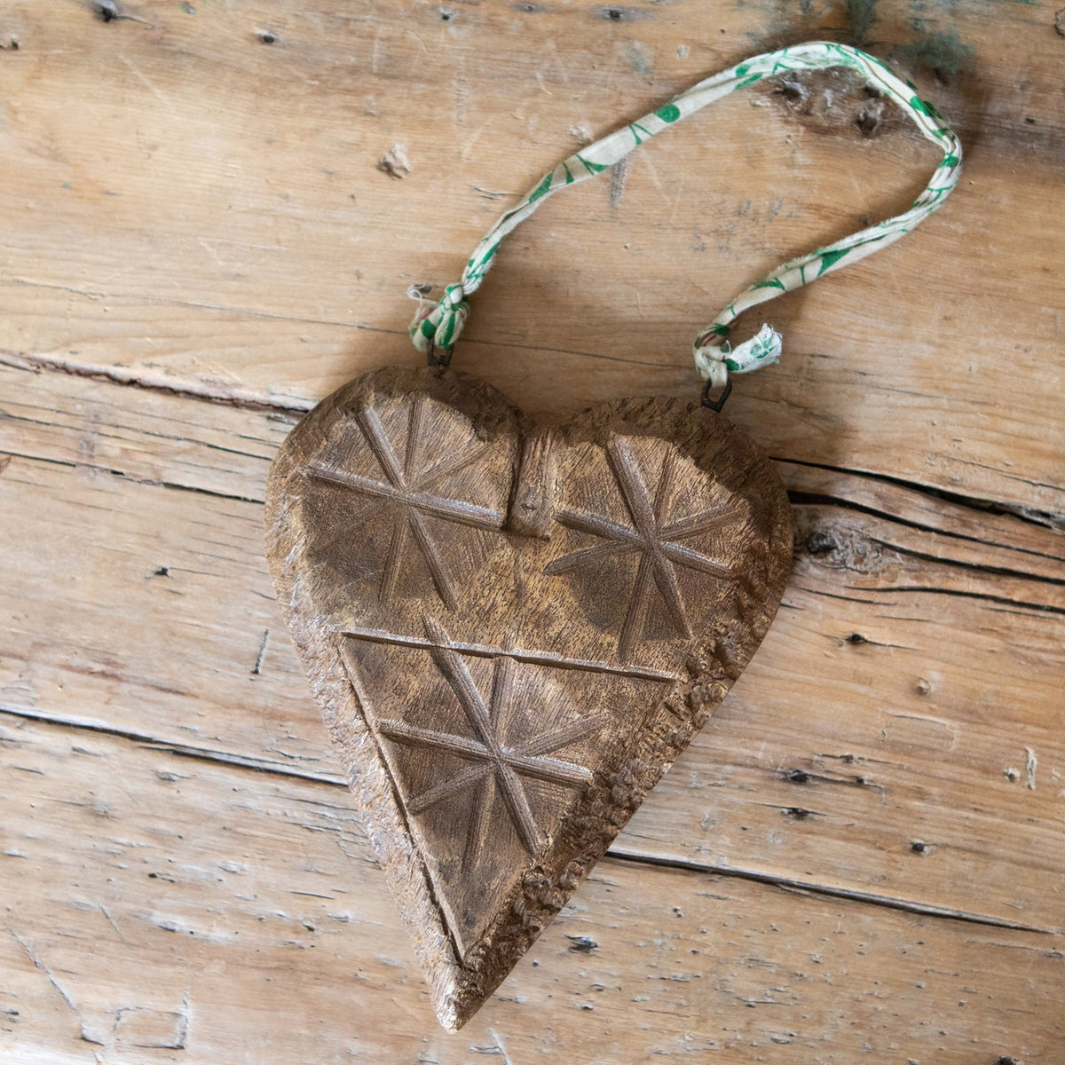 Kantha Hanging Carved Wooden Heart