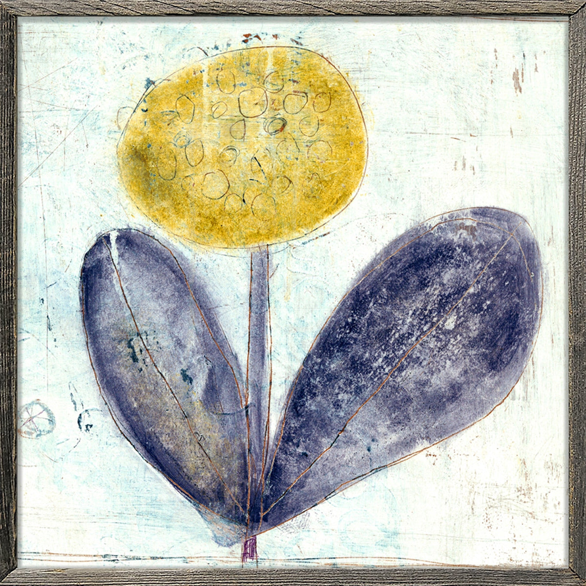 Yellow Flower with Purple Leaves Art Print - Grey Wood