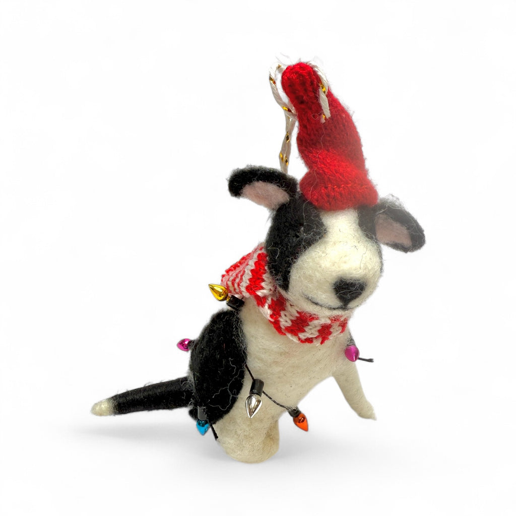 ***Black & White Dog With Knit Hat Scarf & Lights Ornament - Mutley Crew Collection Second Edition