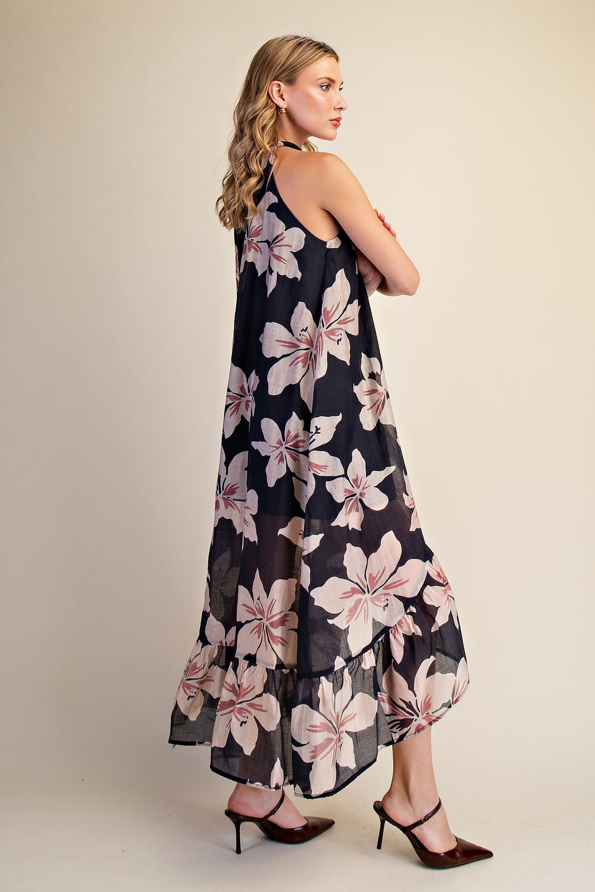 Floral Halter High Low Sleeveless Midi Dress