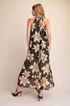 Floral Halter High Low Sleeveless Midi Dress