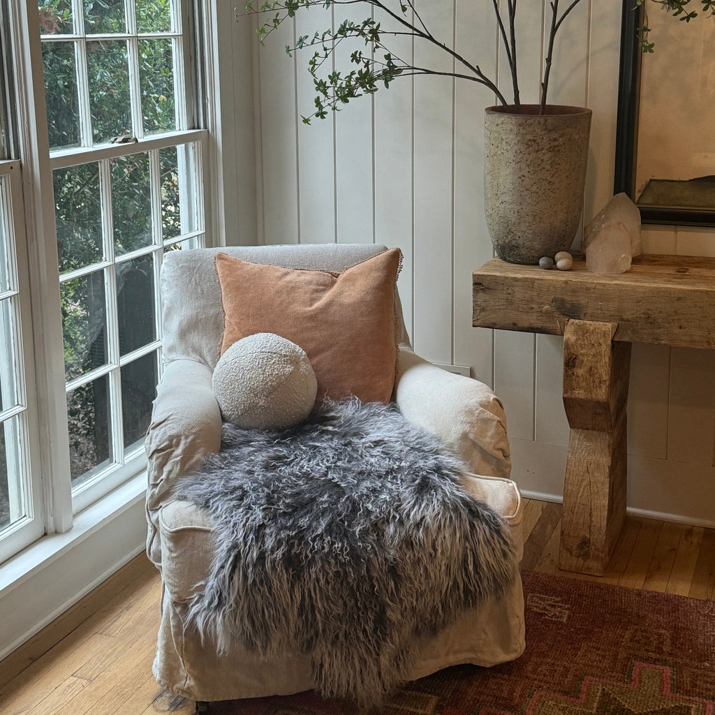 Blush Velvet Pillow With Poms 22x22
