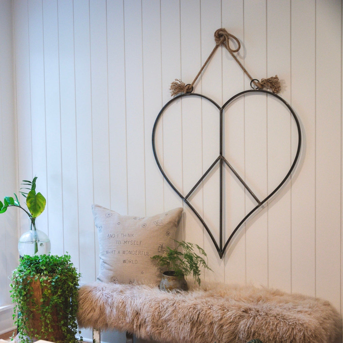 Hanging Metal & Jute Heart Peace Sign - 36x36