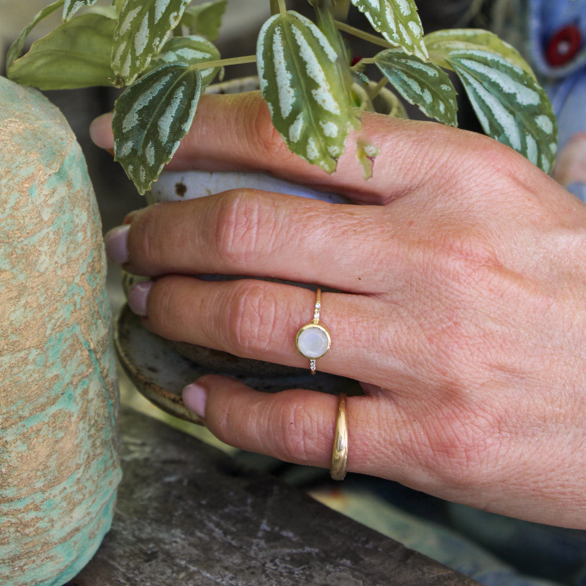 Rainbow Moonstone Adjustable Circle Bezel Ring