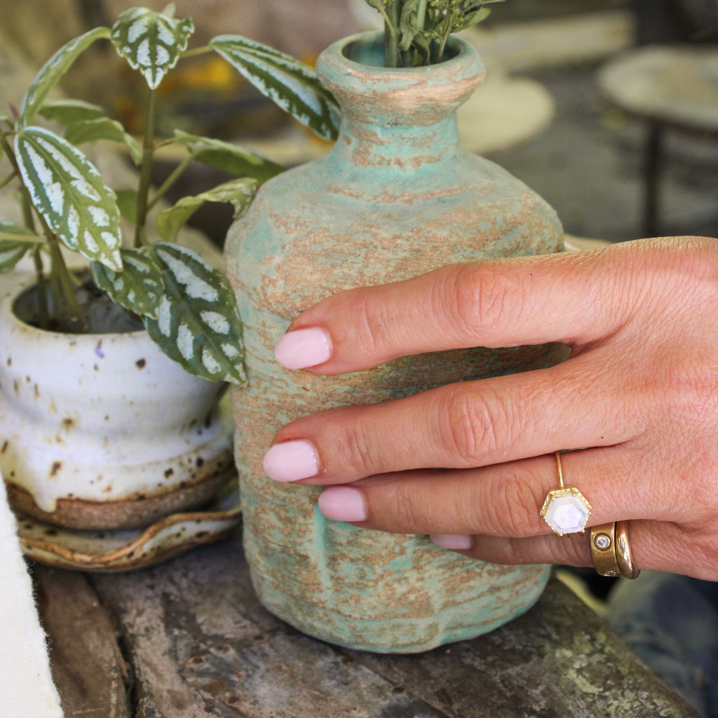 Rainbow Moonstone Adjustable Hexagon Ring