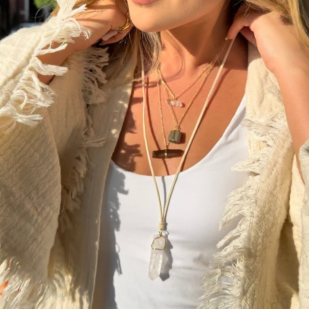 ***Clear Quartz Necklace with Silver Bead and Grey Suede