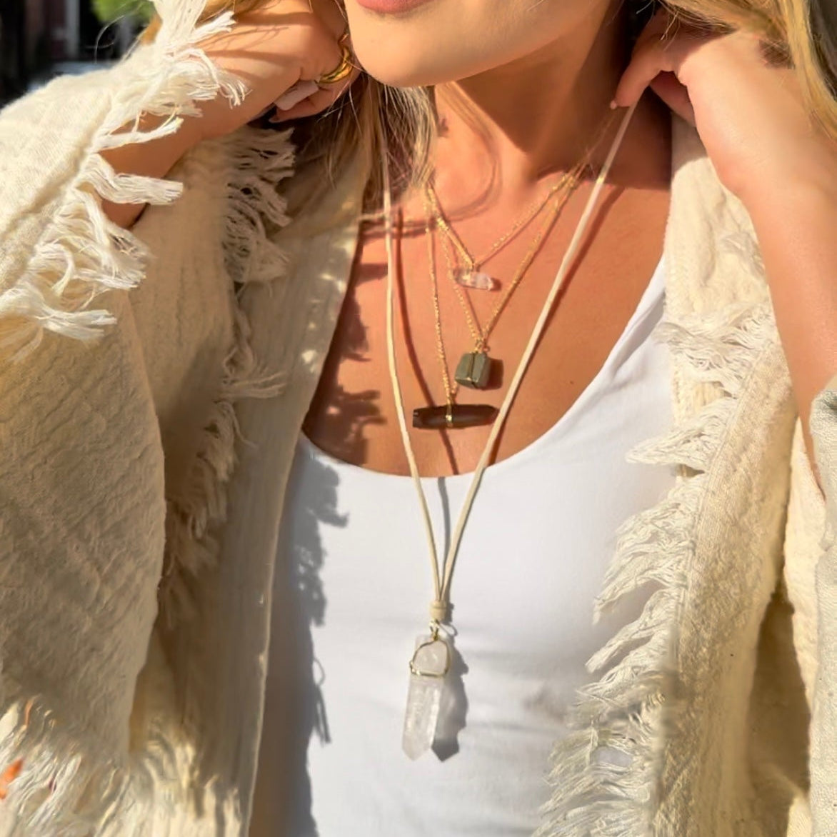 ***Clear Quartz Necklace with Silver Bead and Grey Suede