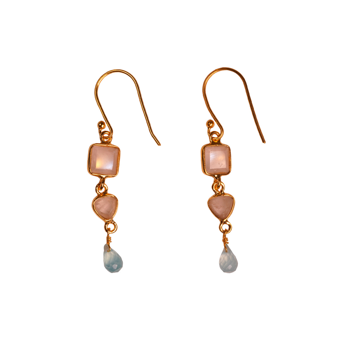 ***Aqua Chalcedony & Rose Quartz Gold Plated Drop Earrings