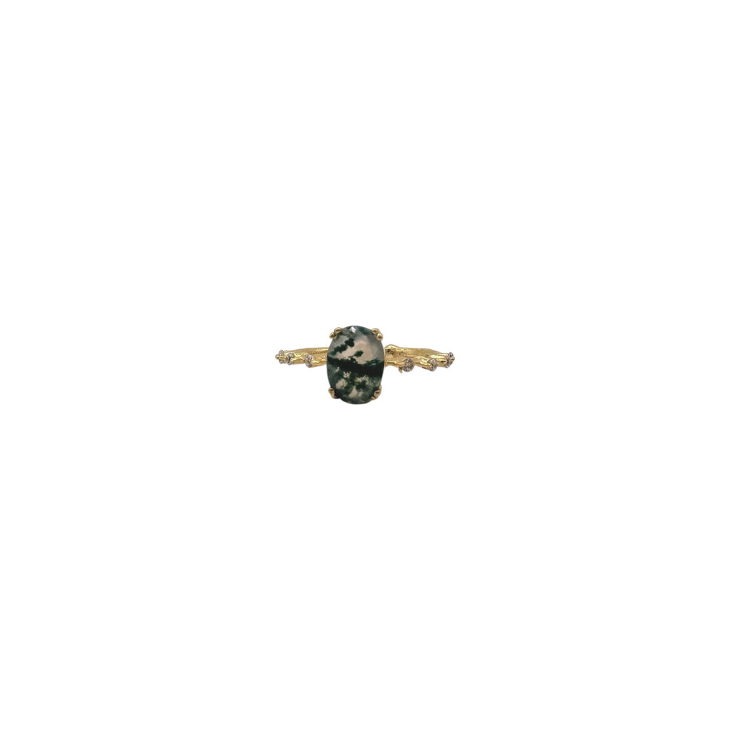 Moss Agate With White CZ detail Ring