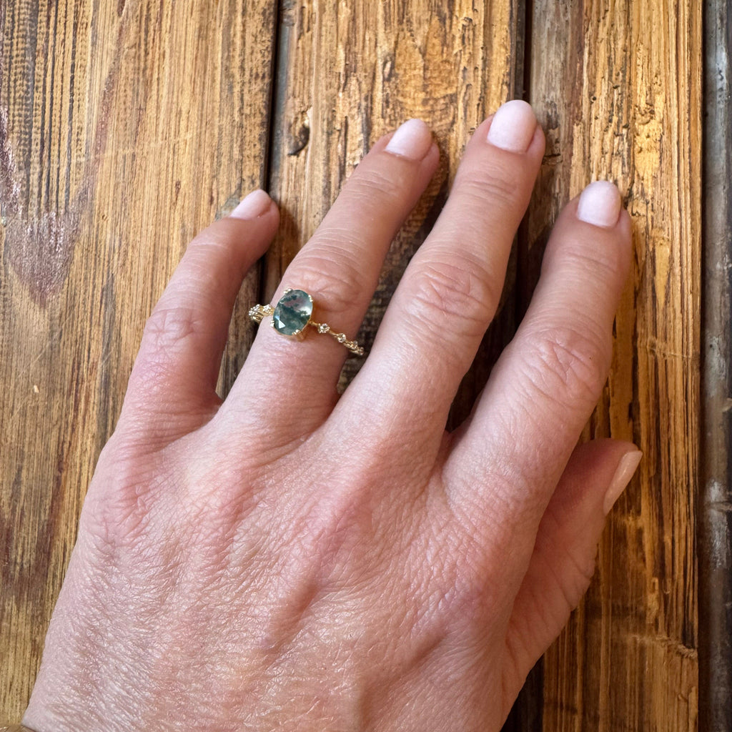 Moss Agate With White CZ detail Ring