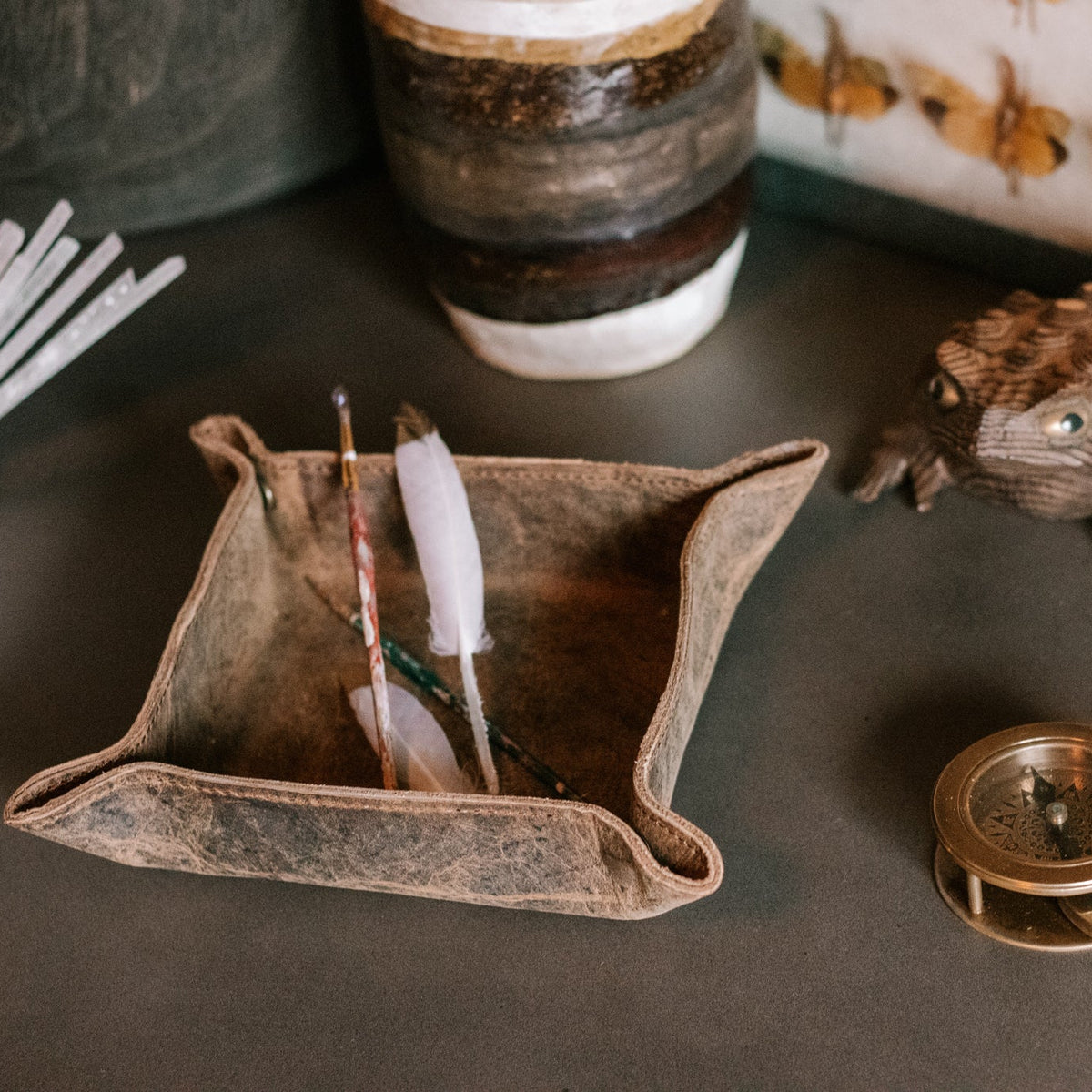 ***Distressed Brown Leather Catchall - 6" x 6" x 2"