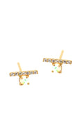 Gold Earring with CZ Bar and Mini White Opal
