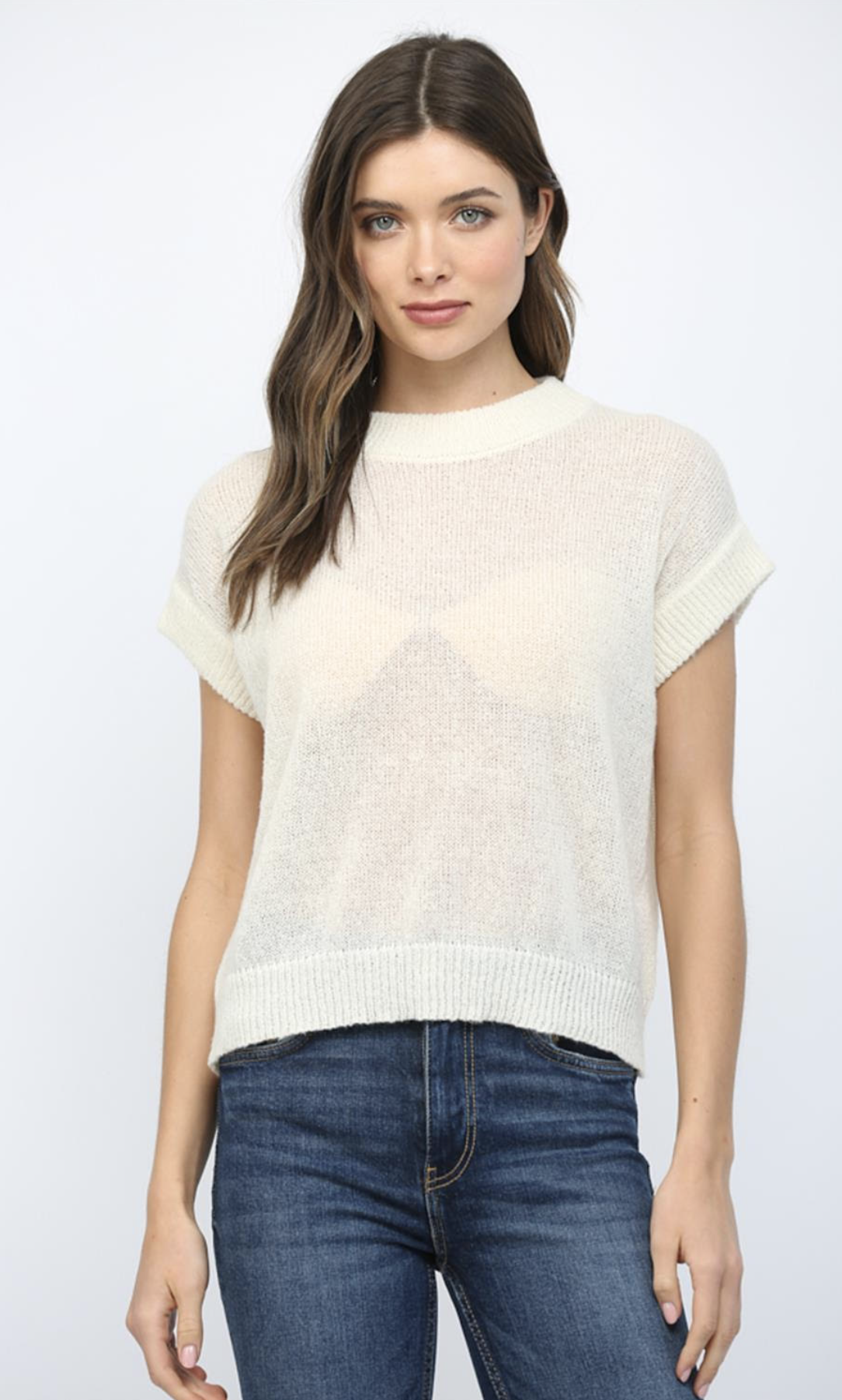 Short Sleeve Knit Sweater, Cream