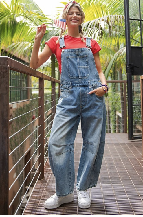 Mineral Washed Barrel Leg Jumpsuit, Dark Wash