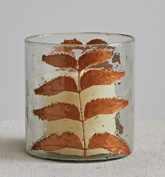 Glass Votive Holder with Leaves - Copper