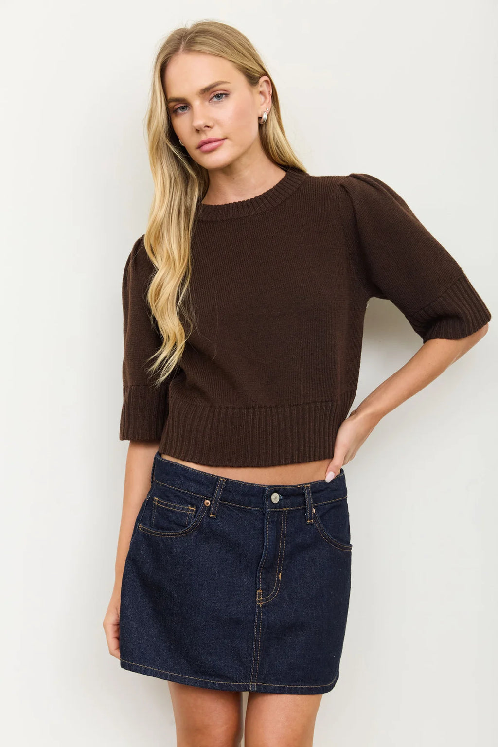 Puff Sleeve Short Sleeve Cropped Sweater