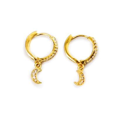 ***Gold Plated Brass Moon with CZ Huggie Earrings