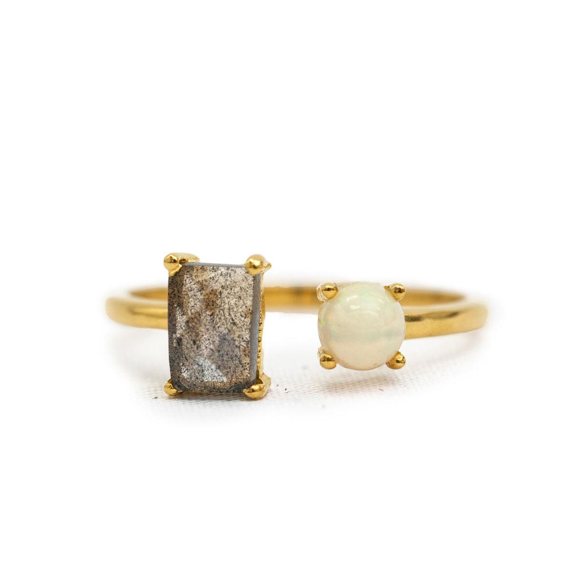 ***Gold Plated Rectangle Labradorite and Opal Dual Ring Adjustable