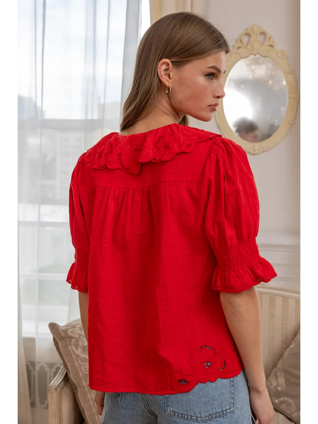 Embroidered Collar Button Blouse in Red