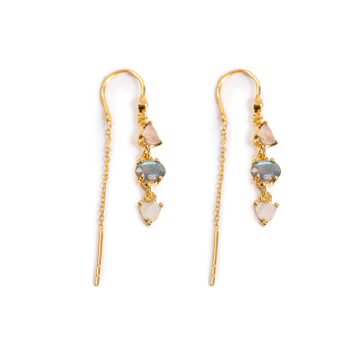 Rose Quartz, Labradorite & Rainbow Moonstone Gold Plated Drop Earrings with Chain