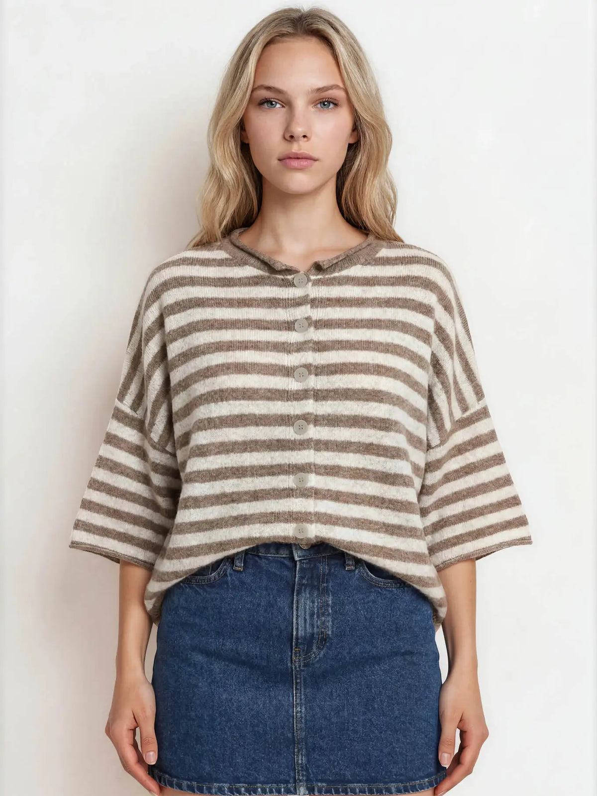 Striped Button Down Cardigan with Raw Edge