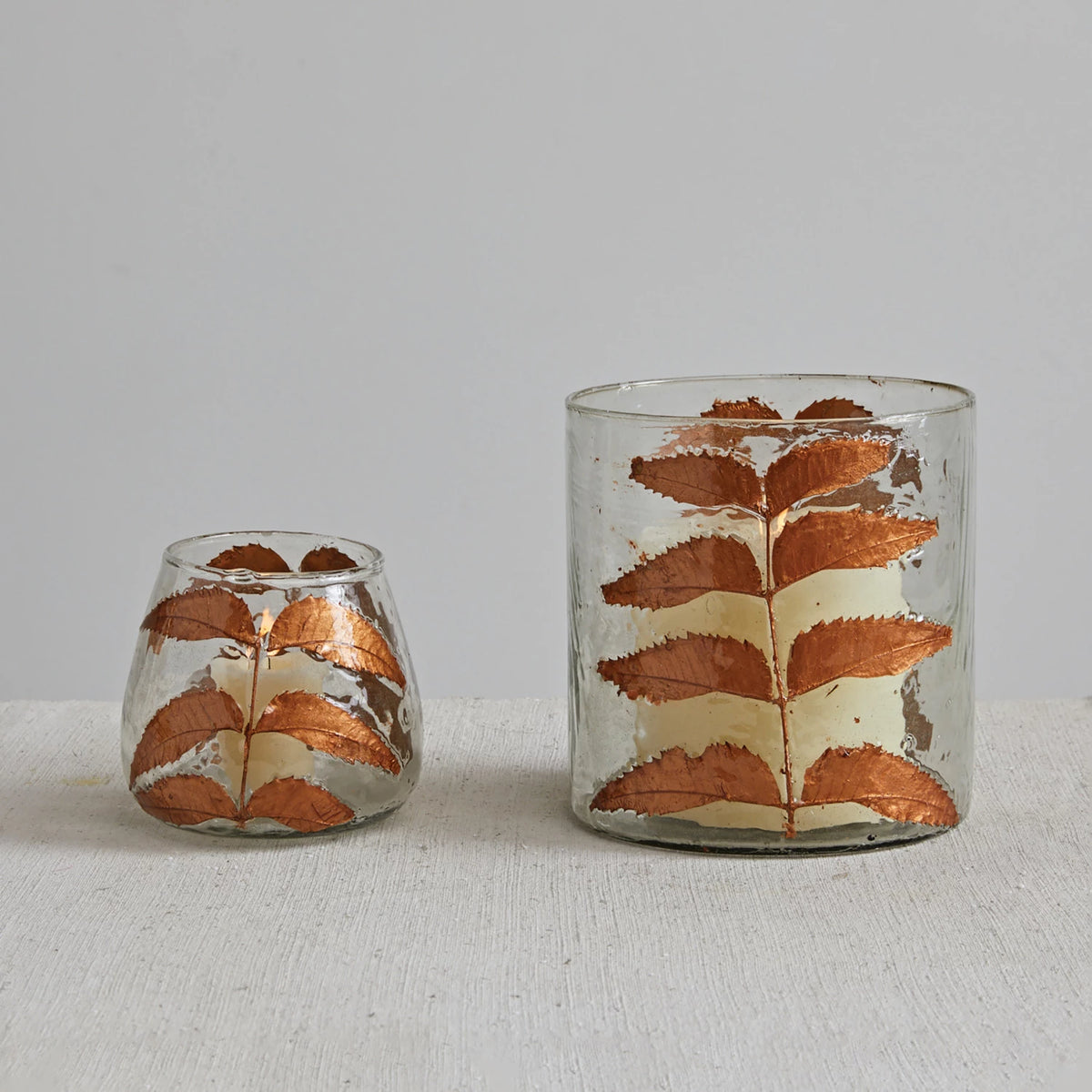 Glass Votive Holder with Leaves - Copper
