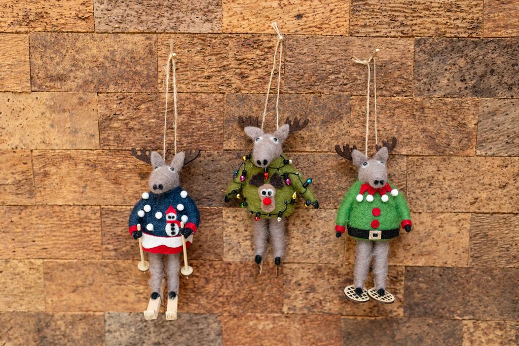 Felt Moose Ornament with Elf Sweater and Snowshoes